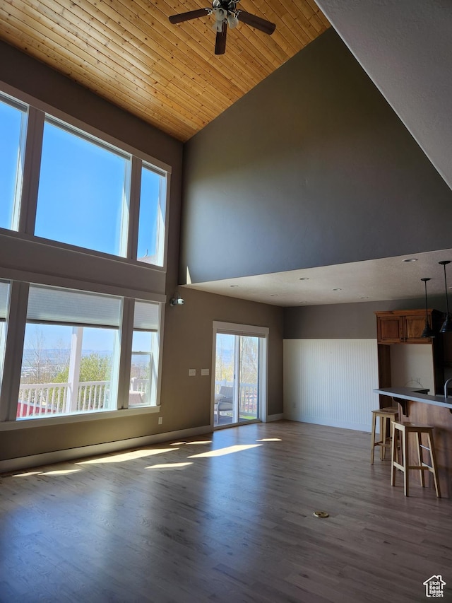 unfurnished living room featuring high vaulted ceiling, ceiling fan, wood finished floors, and wood ceiling