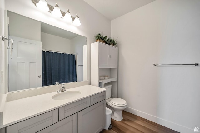 13537 S Commodus Dr W Unit 304, Riverton, UT 84096 - bathroom with wood finished floors, toilet, vanity, baseboards, and a shower with shower curtain