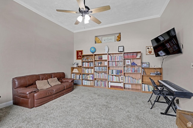 275 E 1st S, Preston, ID 83263 - living area featuring ornamental molding, a ceiling fan, a textured ceiling, and carpet