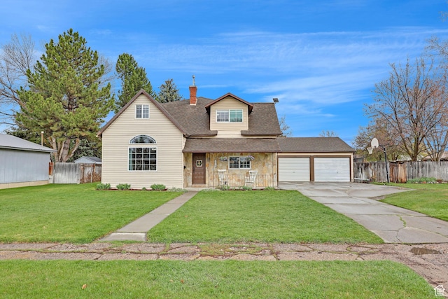 view of front facade featuring a chimney, fence, driveway, roof with shingles, and a garage