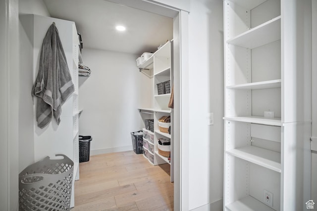 walk in closet with light wood finished floors