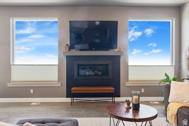 6982 W Majestic View Ln S, Herriman, UT 84096 - living area featuring a glass covered fireplace, wood finished floors, and baseboards