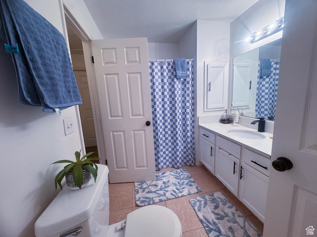 1689 W Crystal Ridge Dr S, West Jordan, UT 84084 - bathroom featuring tile patterned floors, a shower with curtain, a textured ceiling, toilet, and vanity