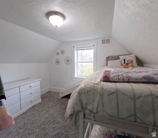 343 N 200 W, Brigham City, UT 84302 - carpeted bedroom featuring baseboards, vaulted ceiling, visible vents, and a textured ceiling