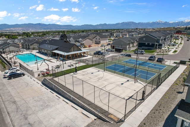 aerial view featuring a residential view and a mountain view