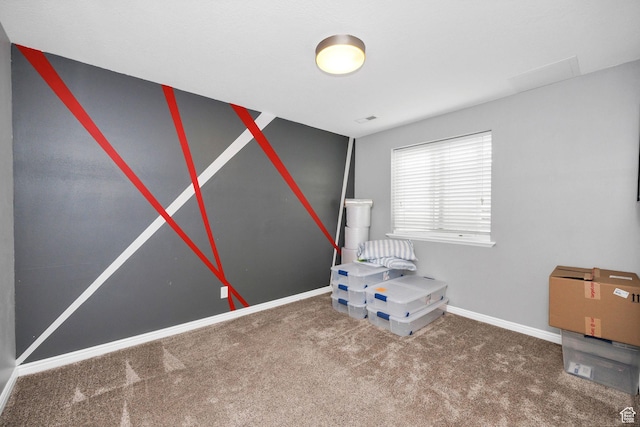 game room with carpet floors, visible vents, and baseboards