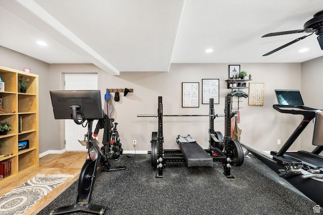 workout area featuring a ceiling fan, baseboards, and recessed lighting