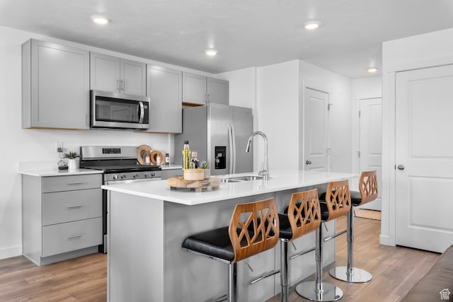3814 S Landmark Ln Unit 1395, Magna, UT 84044 - kitchen with a kitchen breakfast bar, stainless steel appliances, a sink, light wood-type flooring, and gray cabinetry