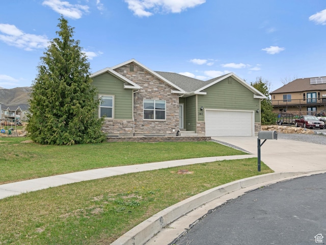 361 W Bridle Cir, Saratoga Springs, UT 84045 - view of front facade with stone siding, a front yard, a garage, and concrete driveway