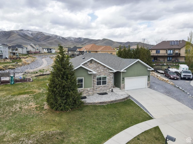 361 W Bridle Cir, Saratoga Springs, UT 84045 - ranch-style home with a residential view, a front lawn, stone siding, concrete driveway, and a garage