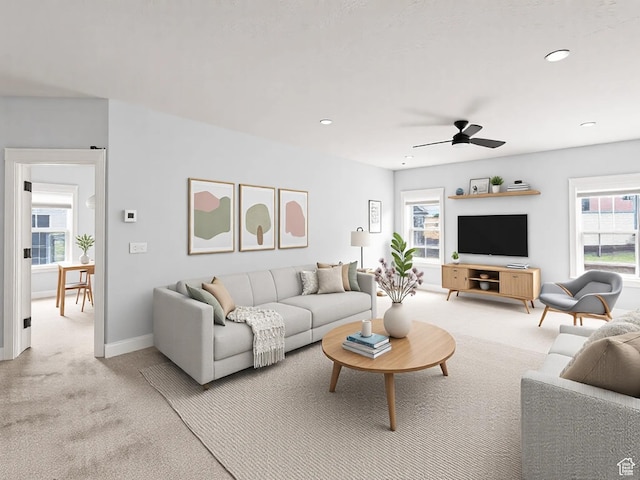 361 W Bridle Cir, Saratoga Springs, UT 84045 - living room with recessed lighting, baseboards, a ceiling fan, and light colored carpet