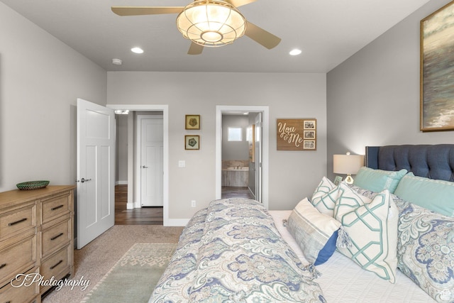 bedroom with connected bathroom, recessed lighting, a ceiling fan, and carpet