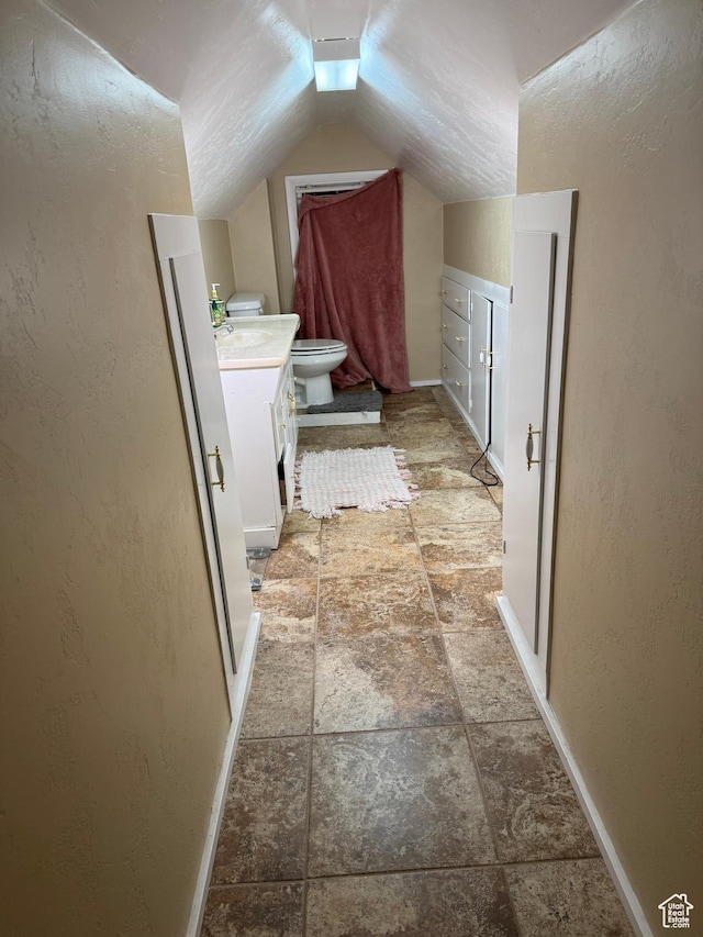 117 S 7th St, Montpelier, ID 83254 - bathroom featuring vanity, vaulted ceiling, toilet, baseboards, and a textured wall