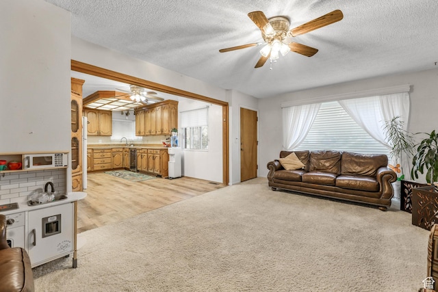 484 W 200 S, Tooele, UT 84074 - living area with plenty of natural light, a textured ceiling, a ceiling fan, and light colored carpet