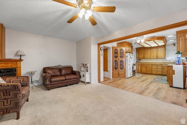 484 W 200 S, Tooele, UT 84074 - living area with light colored carpet, ceiling fan, a textured ceiling, and visible vents