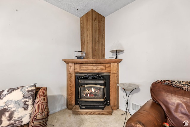 484 W 200 S, Tooele, UT 84074 - living area featuring light carpet, baseboards, a glass covered fireplace, and a textured ceiling