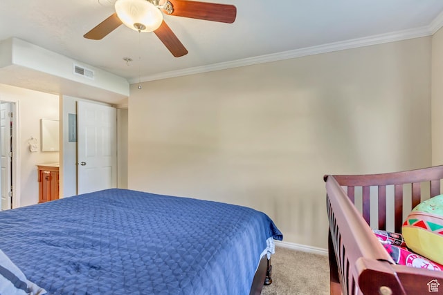 2093 N Morning Star Dr, Saratoga Springs, UT 84045 - carpeted bedroom featuring visible vents, crown molding, baseboards, and ceiling fan