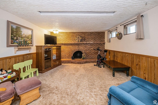 living area with a textured ceiling, wainscoting, and wooden walls