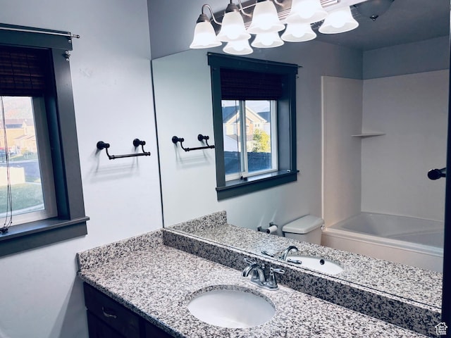 837 N 150 W, Santaquin, UT 84655 - full bathroom featuring vanity, shower / bathtub combination, toilet, and a chandelier