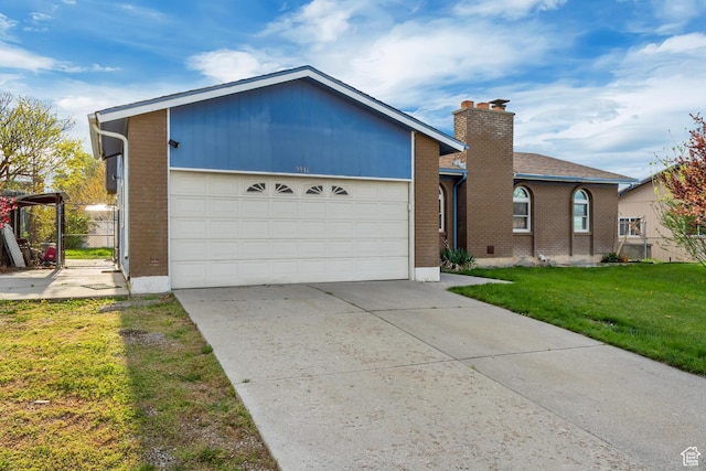 3916 S Hawkeye Dr, West Valley City, UT 84120 - ranch-style house featuring a chimney, fence, concrete driveway, brick siding, and a front yard