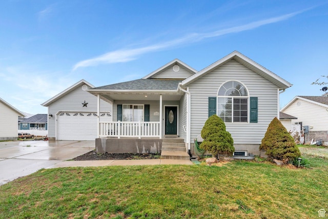 ranch-style house with a garage, a porch, a front lawn, and concrete driveway