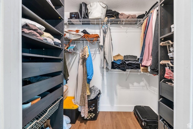walk in closet with wood finished floors