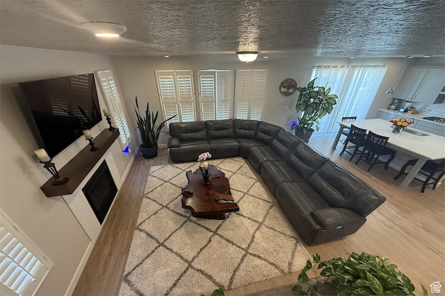 6129 W Coulee Ln, West Jordan, UT 84081 - living room featuring baseboards, wood finished floors, a textured ceiling, and a fireplace