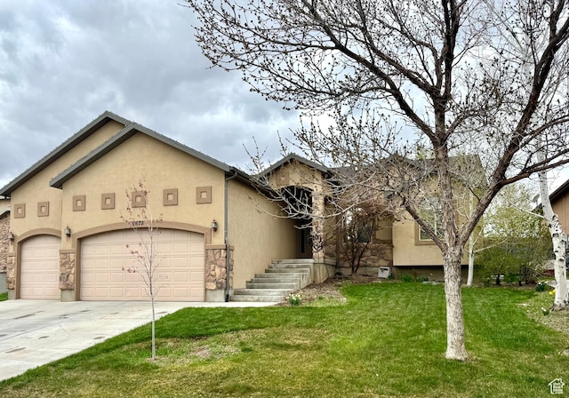 view of front of house featuring stucco siding, a front lawn, concrete driveway, and an attached garage