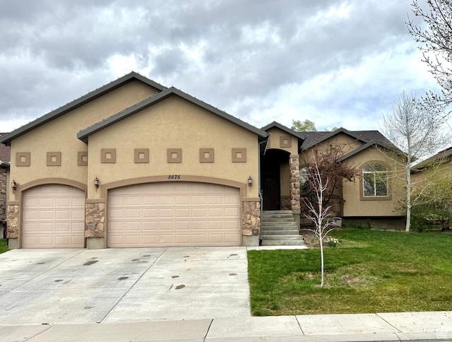 8675 N Franklin Dr E, Eagle Mountain, UT 84005 - view of front of home with stone siding, a front lawn, and stucco siding