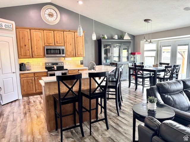 8675 N Franklin Dr E, Eagle Mountain, UT 84005 - kitchen featuring open floor plan, vaulted ceiling, light wood-style floors, light countertops, and appliances with stainless steel finishes