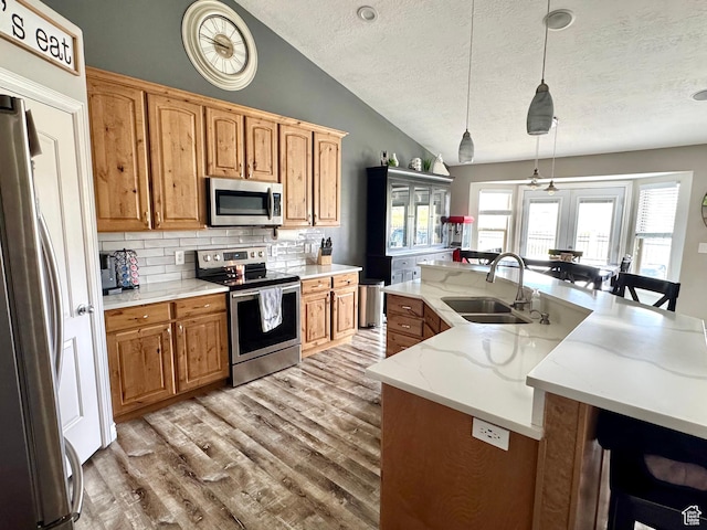 8675 N Franklin Dr E, Eagle Mountain, UT 84005 - kitchen featuring wood finished floors, a sink, a textured ceiling, lofted ceiling, and appliances with stainless steel finishes