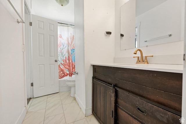 4217 S Hopi Dr, West Valley City, UT 84119 - bathroom featuring marble look tiles, vanity, toilet, baseboards, and a shower with shower curtain