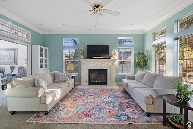 1380 S 980 E, Spanish Fork, UT 84660 - carpeted living area featuring ceiling fan, ornamental molding, and a tile fireplace