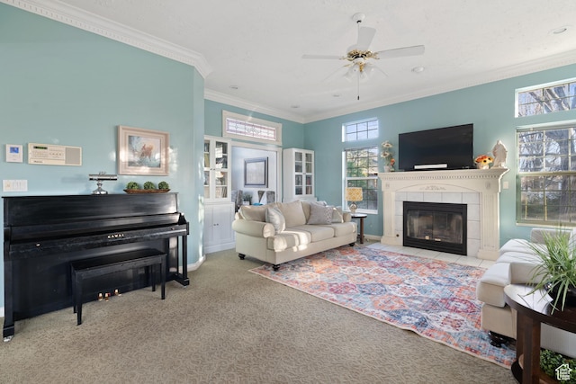 1380 S 980 E, Spanish Fork, UT 84660 - carpeted living room featuring ceiling fan, baseboards, ornamental molding, and a tile fireplace