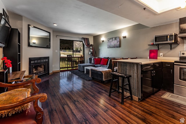 kitchen with open floor plan, dark wood finished floors, appliances with stainless steel finishes, and a fireplace