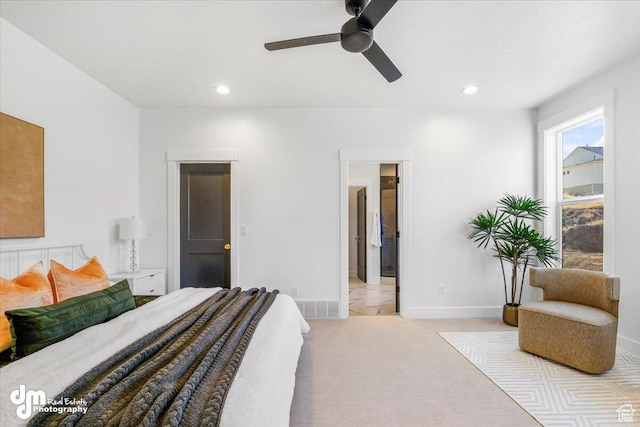 carpeted bedroom with recessed lighting, visible vents, baseboards, and ceiling fan