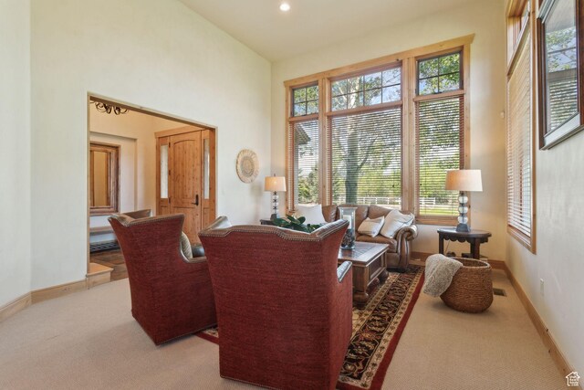 2605 E Woodland Way, Woodland, UT 84036 - carpeted living area with baseboards, a high ceiling, and recessed lighting
