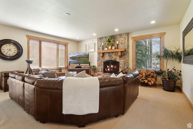 2605 E Woodland Way, Woodland, UT 84036 - living area featuring light carpet, recessed lighting, and a stone fireplace