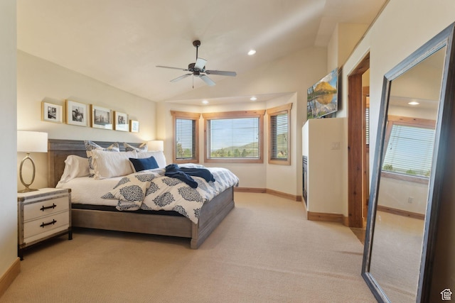 2605 E Woodland Way, Woodland, UT 84036 - bedroom featuring recessed lighting, multiple windows, vaulted ceiling, light carpet, and baseboards