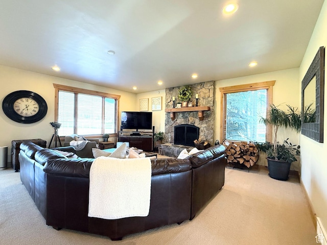 2605 E Woodland Way, Woodland, UT 84036 - living room with a stone fireplace, carpet flooring, and recessed lighting
