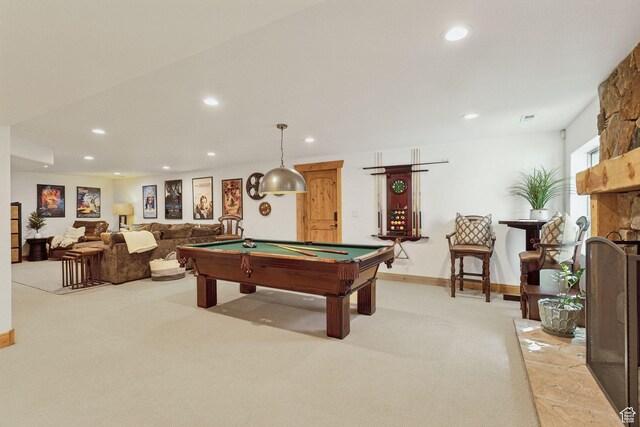 2605 E Woodland Way, Woodland, UT 84036 - rec room with billiards table, light colored carpet, recessed lighting, a fireplace, and baseboards