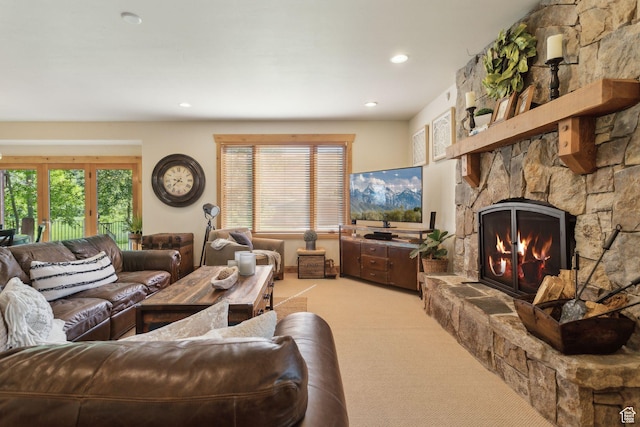2605 E Woodland Way, Woodland, UT 84036 - living area featuring light carpet, a stone fireplace, and recessed lighting