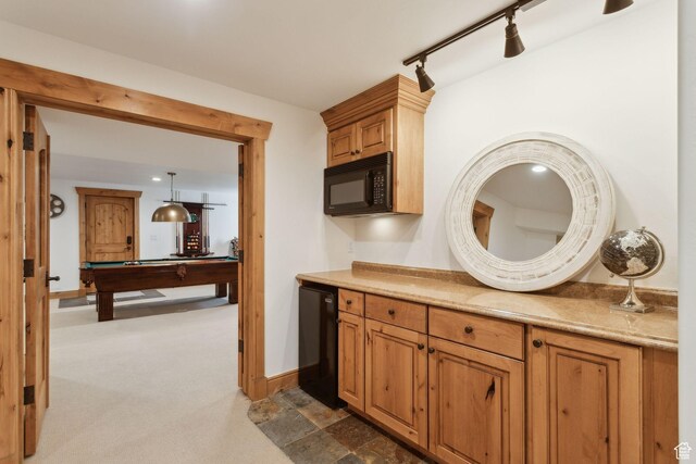 2605 E Woodland Way, Woodland, UT 84036 - kitchen featuring black microwave, rail lighting, billiards, light countertops, and refrigerator