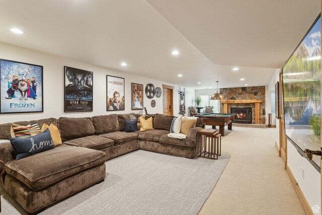 2605 E Woodland Way, Woodland, UT 84036 - living area with light carpet, recessed lighting, a fireplace, and billiards table