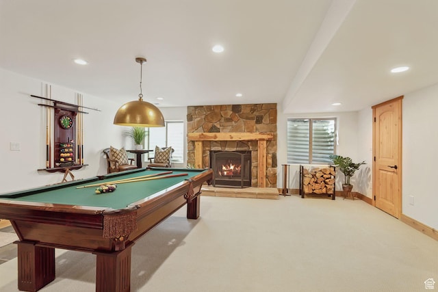 2605 E Woodland Way, Woodland, UT 84036 - playroom with recessed lighting, billiards, carpet flooring, a stone fireplace, and baseboards