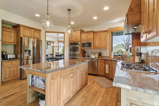 2605 E Woodland Way, Woodland, UT 84036 - kitchen featuring stainless steel appliances, a sink, light wood-style floors, light stone counters, and recessed lighting