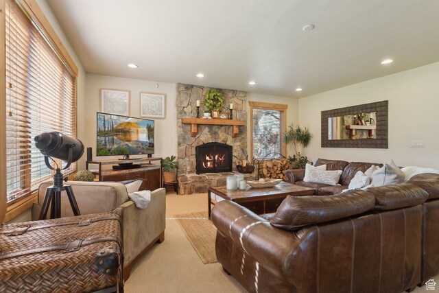 2605 E Woodland Way, Woodland, UT 84036 - living room with light colored carpet, recessed lighting, healthy amount of natural light, and a stone fireplace