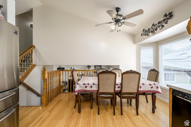 1426 N Quincy Ave, Ogden, UT 84404 - dining space featuring vaulted ceiling, a ceiling fan, light wood-style floors, and baseboards