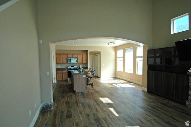 living room with a high ceiling, arched walkways, and dark wood-type flooring