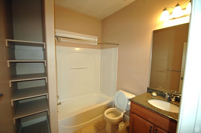 full bathroom featuring toilet, shower / bathtub combination, tile patterned flooring, and vanity